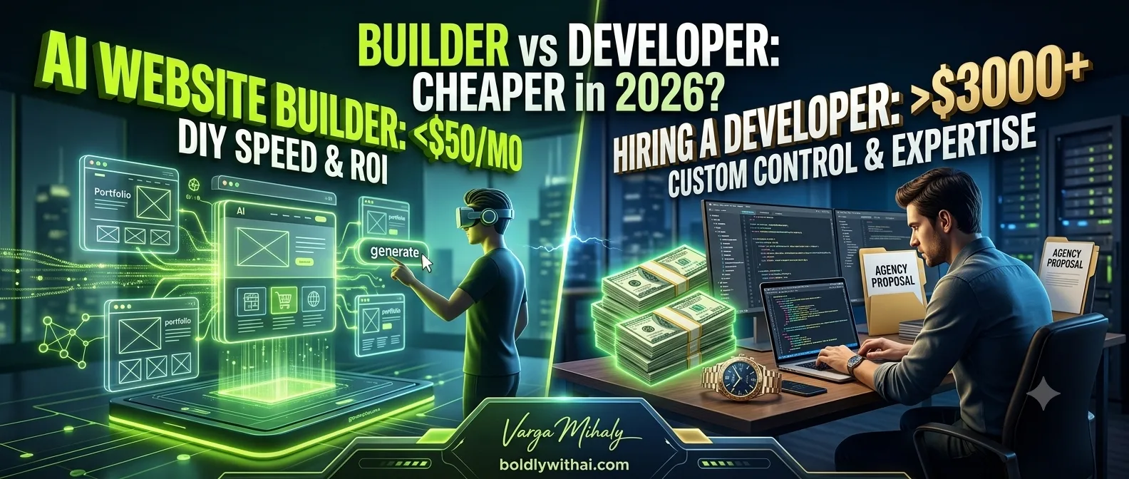 AI website builder comparison interface vs custom web developer coding on laptop, analyzing cost and ROI in 2026