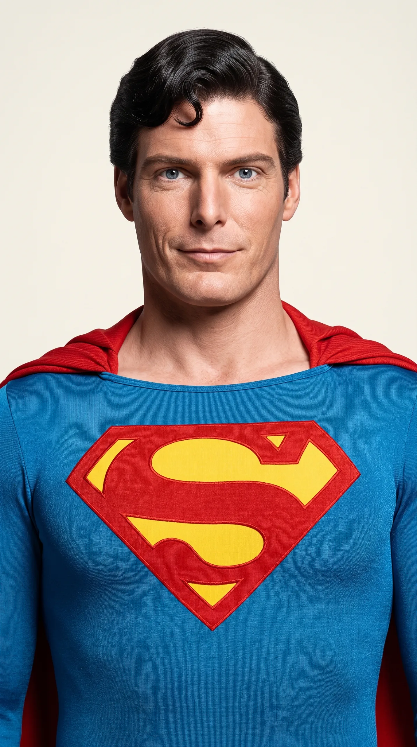 Photorealistic AI restored Christopher Reeve Superman portrait generated on Royal Alabaster studio background